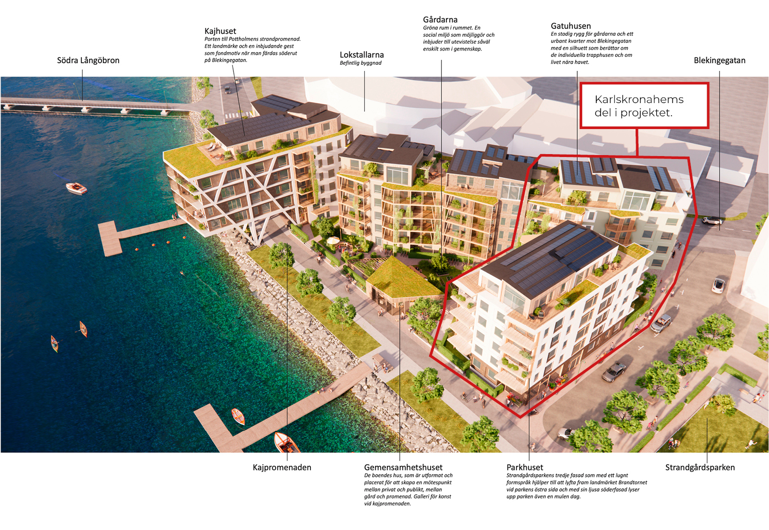 Vybild av kvarteret Repslagaren, med Karlskronahems del i projektet markerat.