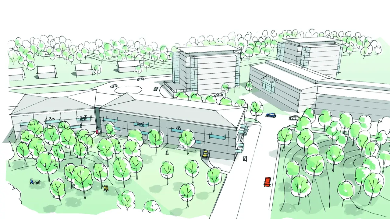 Illustration av planerad bostadsbebyggelse med flera huskroppar, grönområden och vägar.
